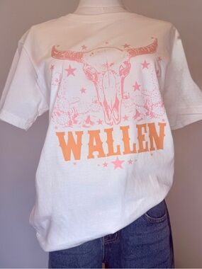 White Short Sleeve Tee with Pink Graphic and Orange Text